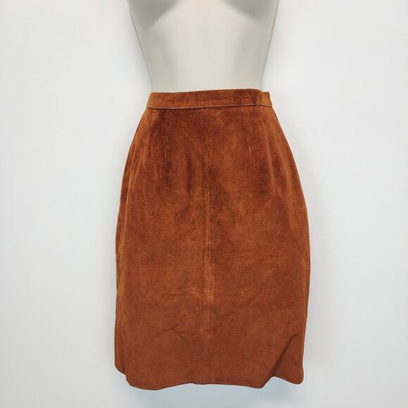 Vintage Pia Rucci Suede Skirt Size 4 23" Cognac Back Slit Knee Length Festival - Picture 2 of 11